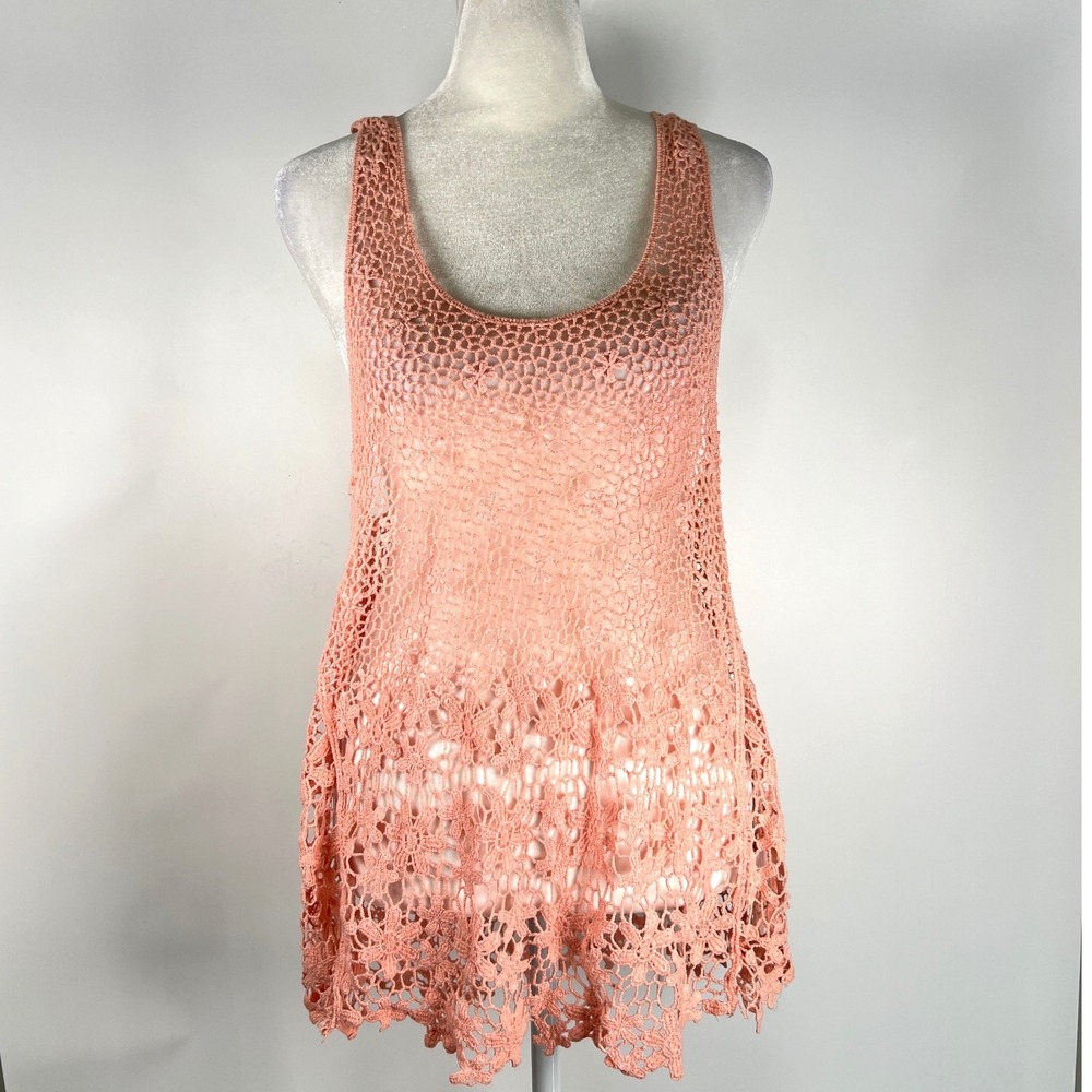 Its Our Time Womens Crochet Lace Tank Top Coral Pink Floral Fairy Cotton Y2K